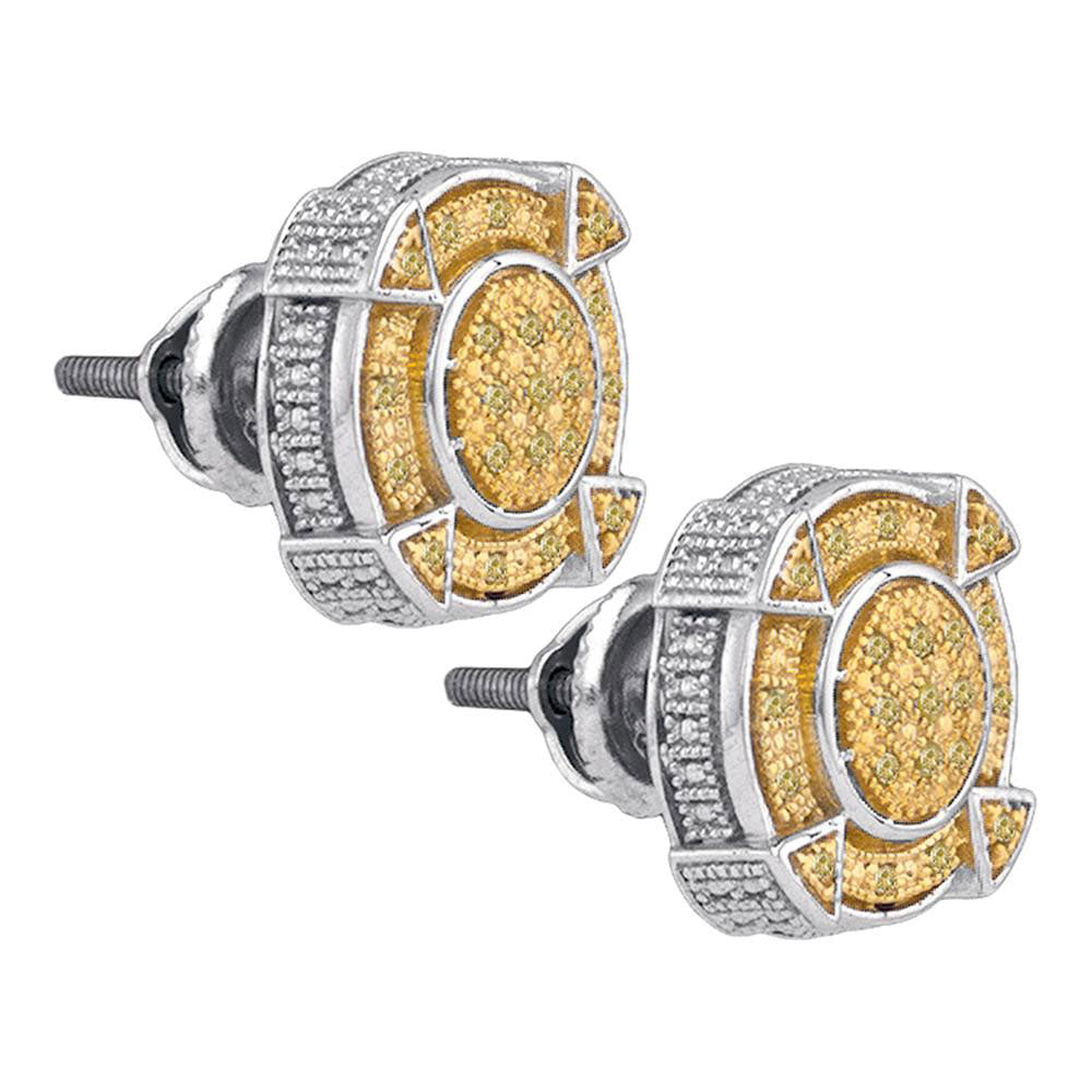 Sterling Silver Round Yellow Color Enhanced Diamond Cluster Earrings 1/6 Cttw