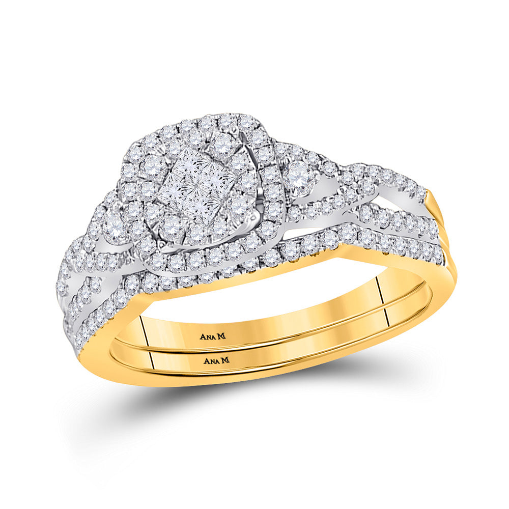 14kt Yellow Gold Princess Diamond Cluster Bridal Wedding Ring Band Set 3/4 Cttw
