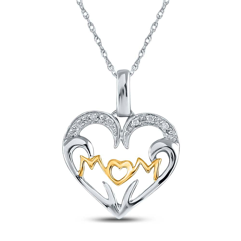Two-tone Sterling Silver Womens Round Diamond Mom Heart Pendant .03 Cttw
