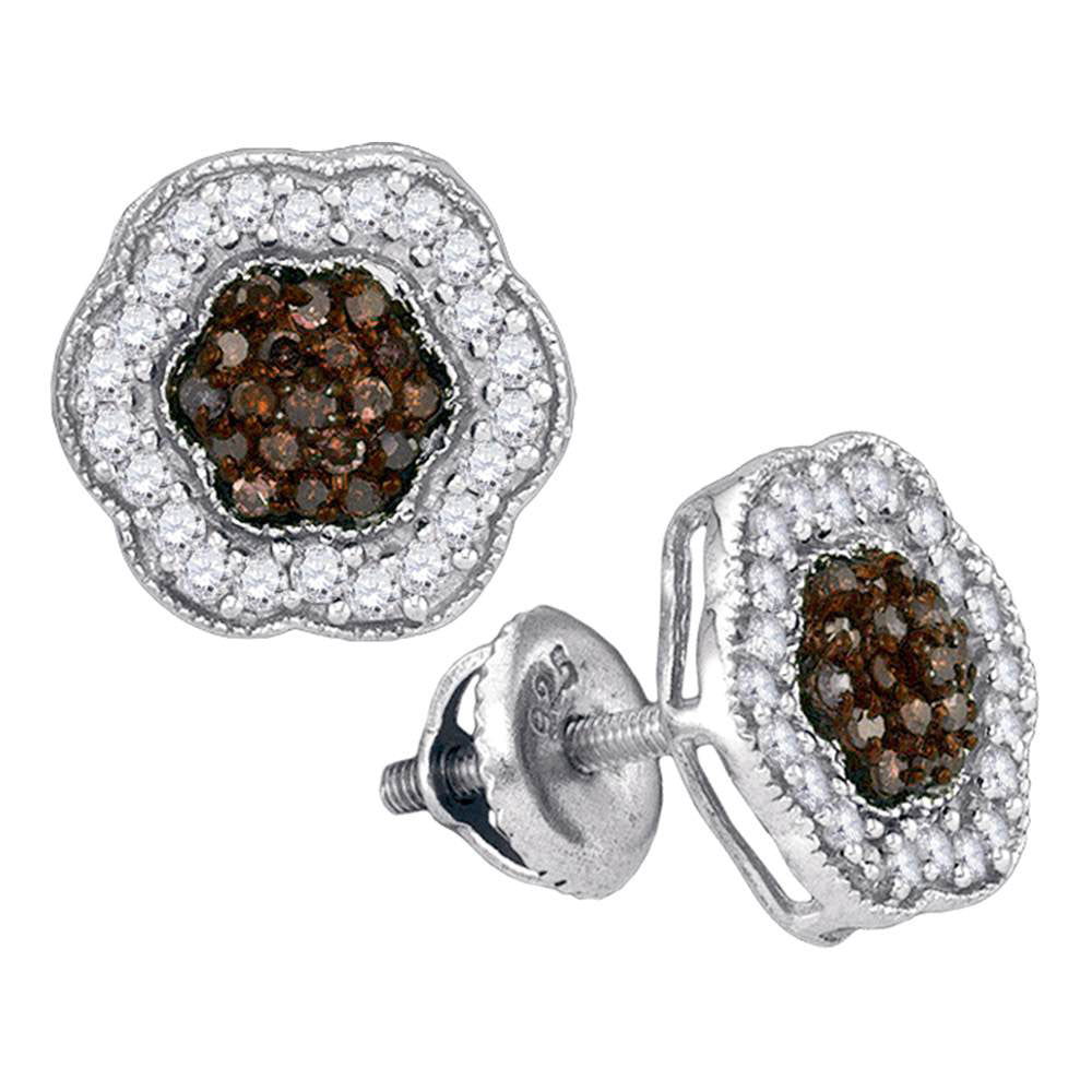 10kt White Gold Womens Round Brown Diamond Polygon Cluster Earrings 1/2 Cttw