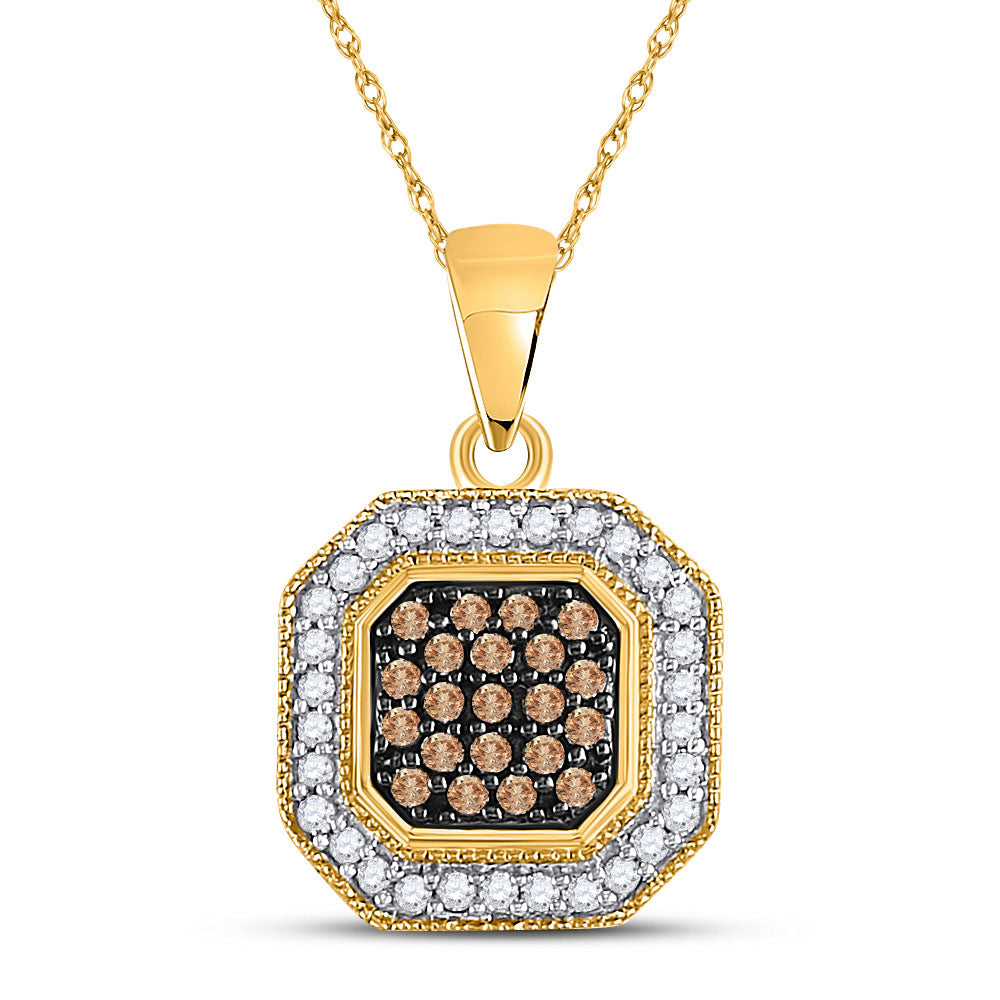 10kt Yellow Gold Womens Round Brown Diamond Octagon Cluster Pendant 1/3 Cttw
