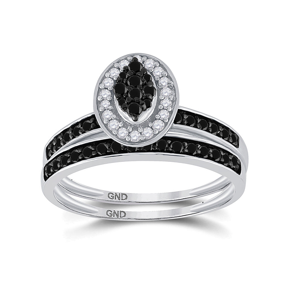 Sterling Silver Round Black Color Enhanced Diamond Bridal Wedding Ring Band Set 1/2 Cttw