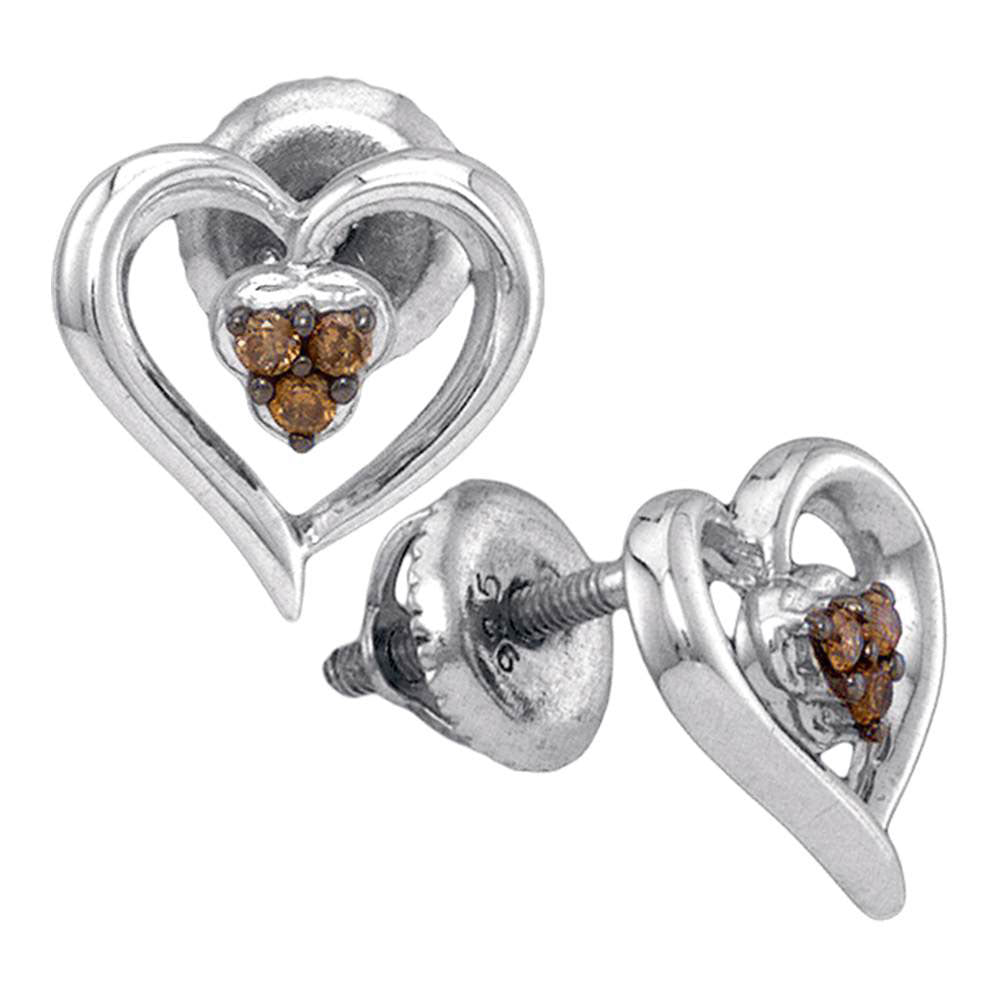Sterling Silver Womens Round Brown Diamond Heart Earrings 1/20 Cttw