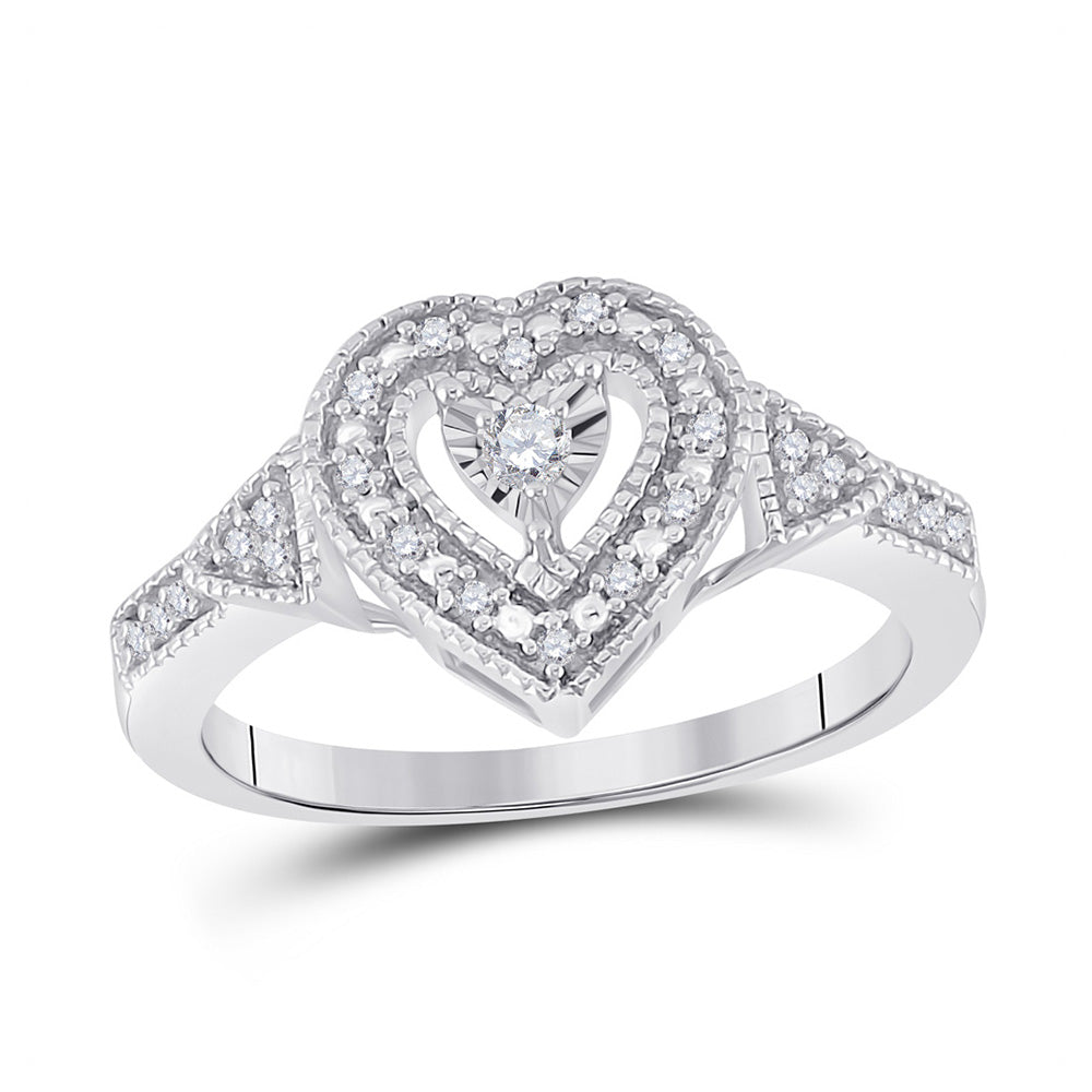 Sterling Silver Womens Round Diamond Heart Ring 1/8 Cttw