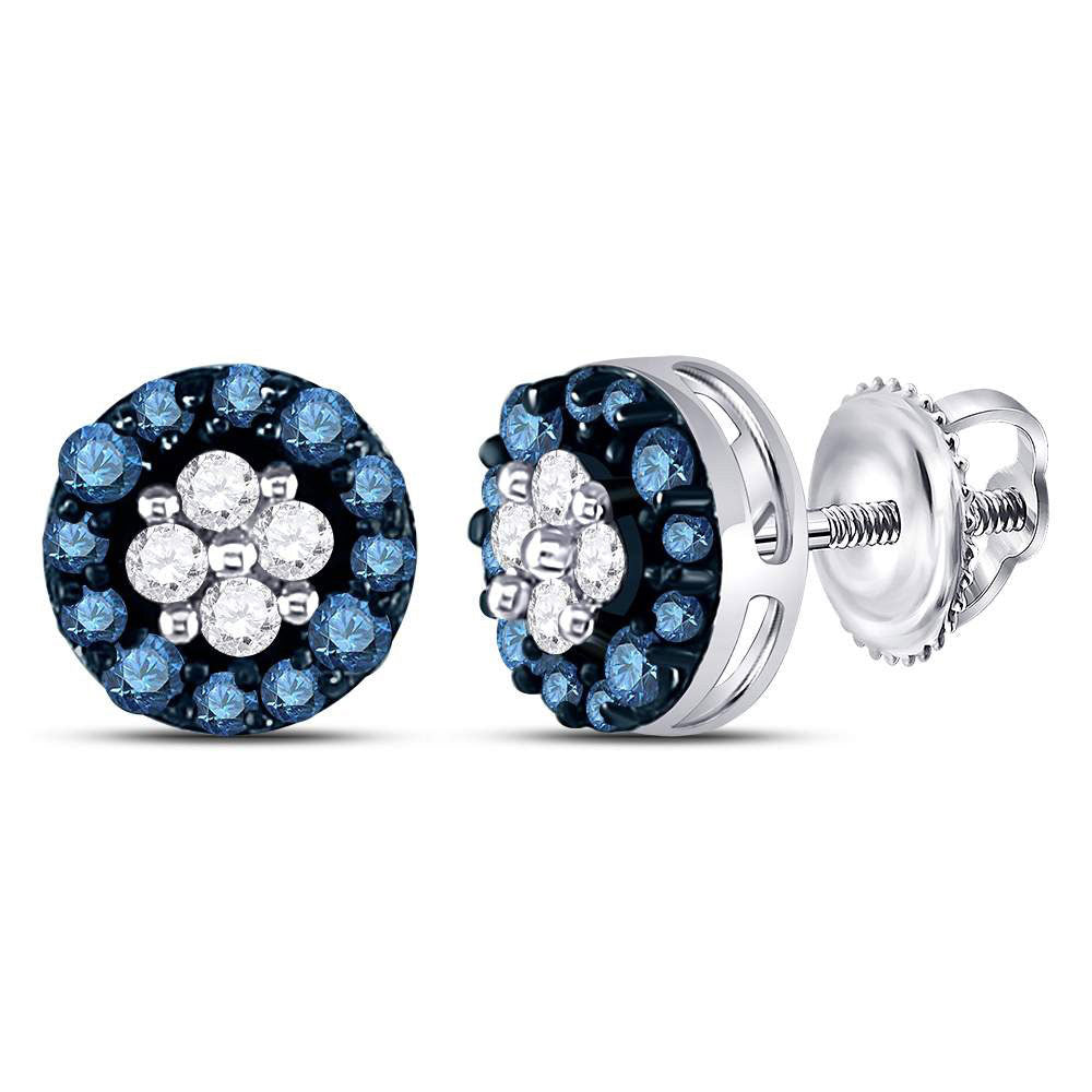 10kt White Gold Womens Round Blue Color Enhanced Diamond Cluster Earrings 1/3 Cttw