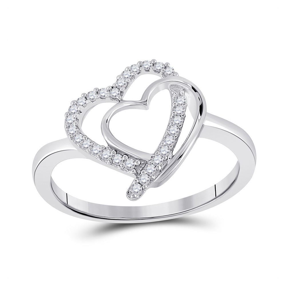 Sterling Silver Womens Round Diamond Double Heart Ring 1/6 Cttw