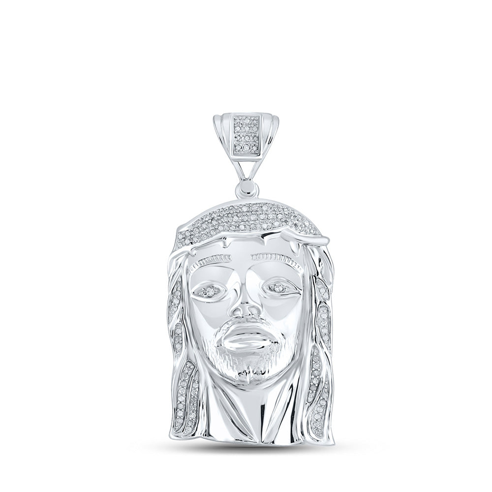 Sterling Silver Mens Round Diamond Jesus Face Charm Pendant 3/8 Cttw