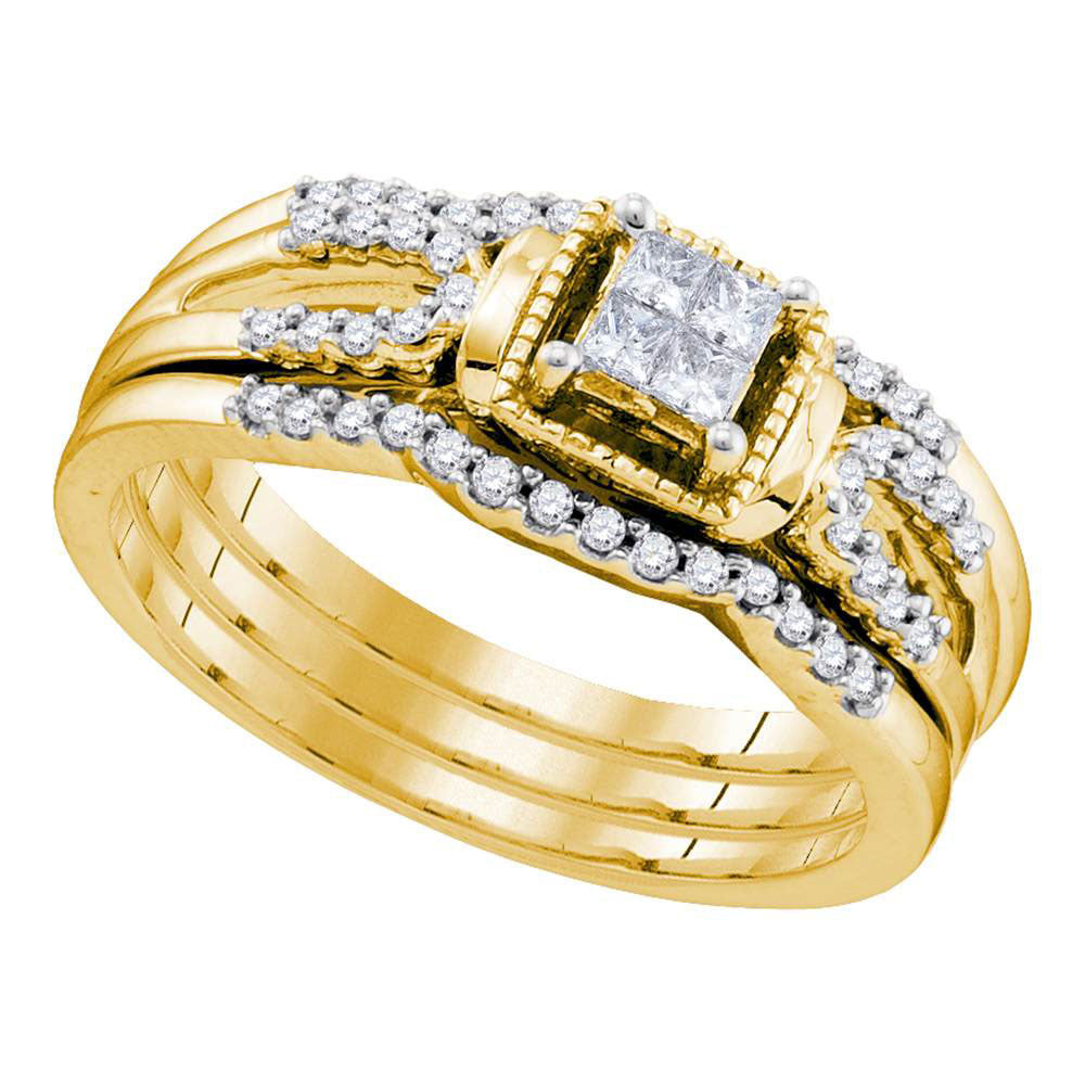 10kt Yellow Gold Princess Diamond Bridal Wedding Ring Band Set 1/4 Cttw