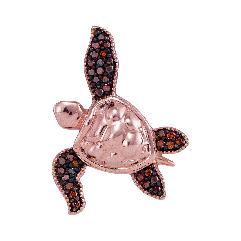 10kt Rose Gold Womens Round Red Color Enhanced Diamond Sea Turtle Tortoise Pendant 1/10 Cttw