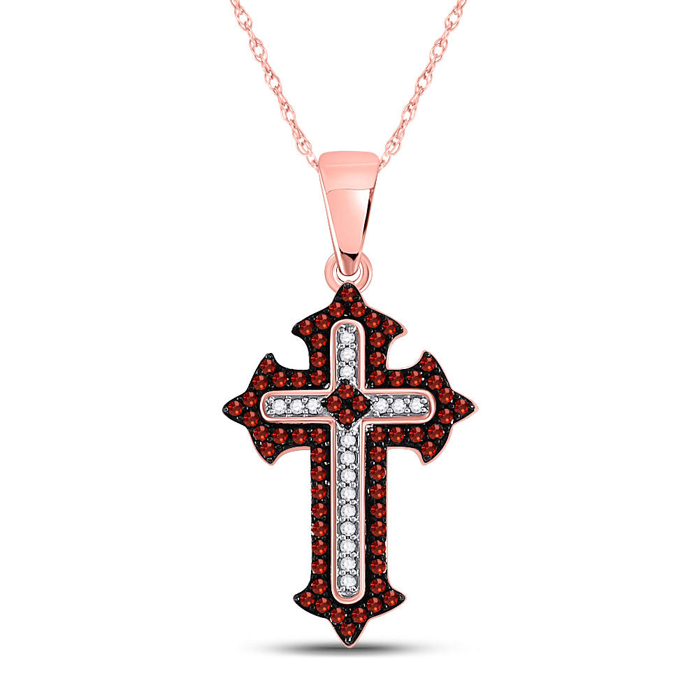 10kt Rose Gold Womens Round Red Color Enhanced Diamond Gothic Cross Pendant 1/5 Cttw