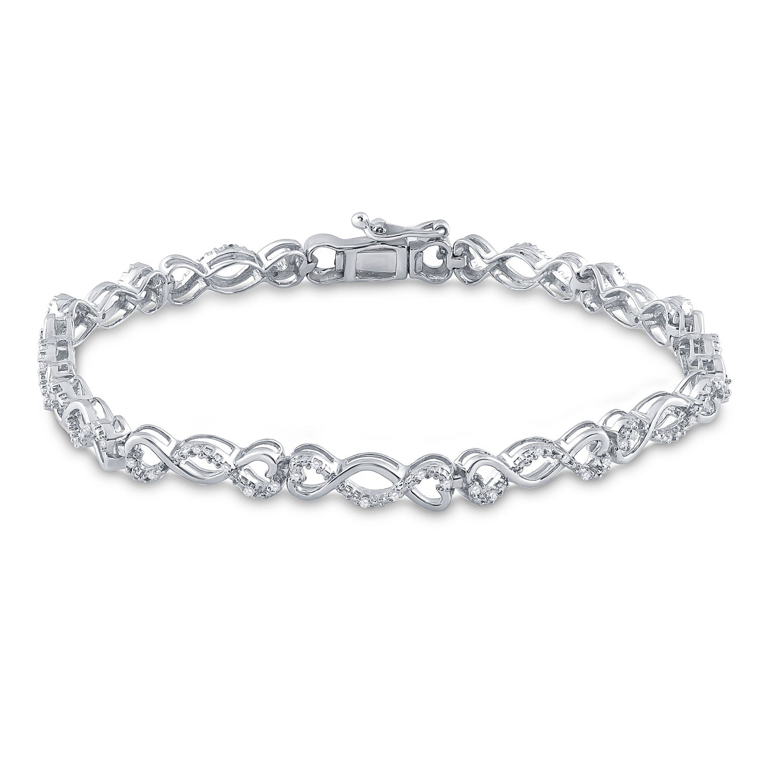 Sterling Silver Womens Round Diamond Heart Twist Link Bracelet 1/4 Cttw