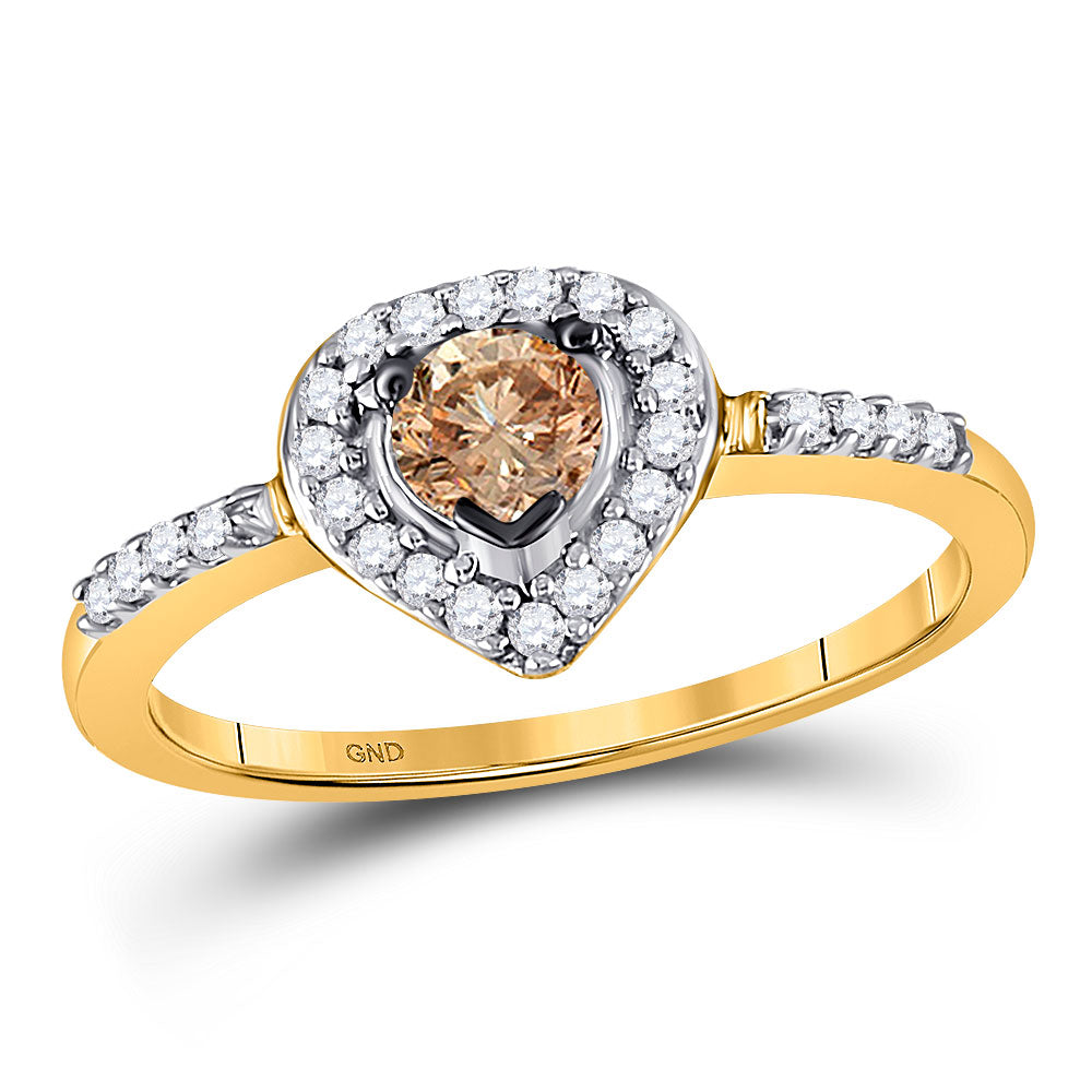 10kt Yellow Gold Womens Round Brown Diamond Heart Solitaire Ring 1/2 Cttw