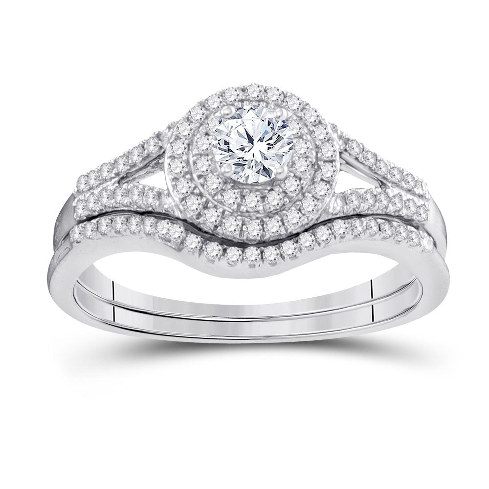 10k White Gold Round Diamond Concentric Halo Bridal Wedding Ring Band Set 1/2 Cttw