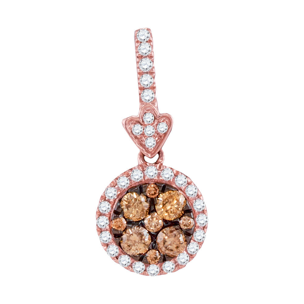 14kt Rose Gold Womens Round Brown Diamond Circle Frame Cluster Pendant 1/2 Cttw