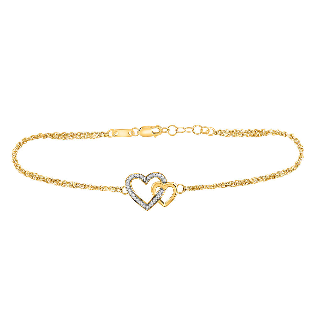 10kt Yellow Gold Womens Round Diamond Double Heart Bracelet 1/10 Cttw