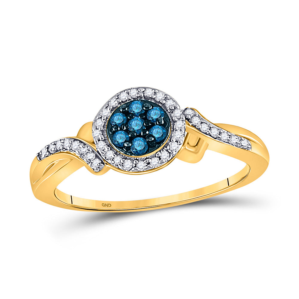 10kt Yellow Gold Womens Round Blue Color Enhanced Diamond Cluster Ring 1/4 Cttw