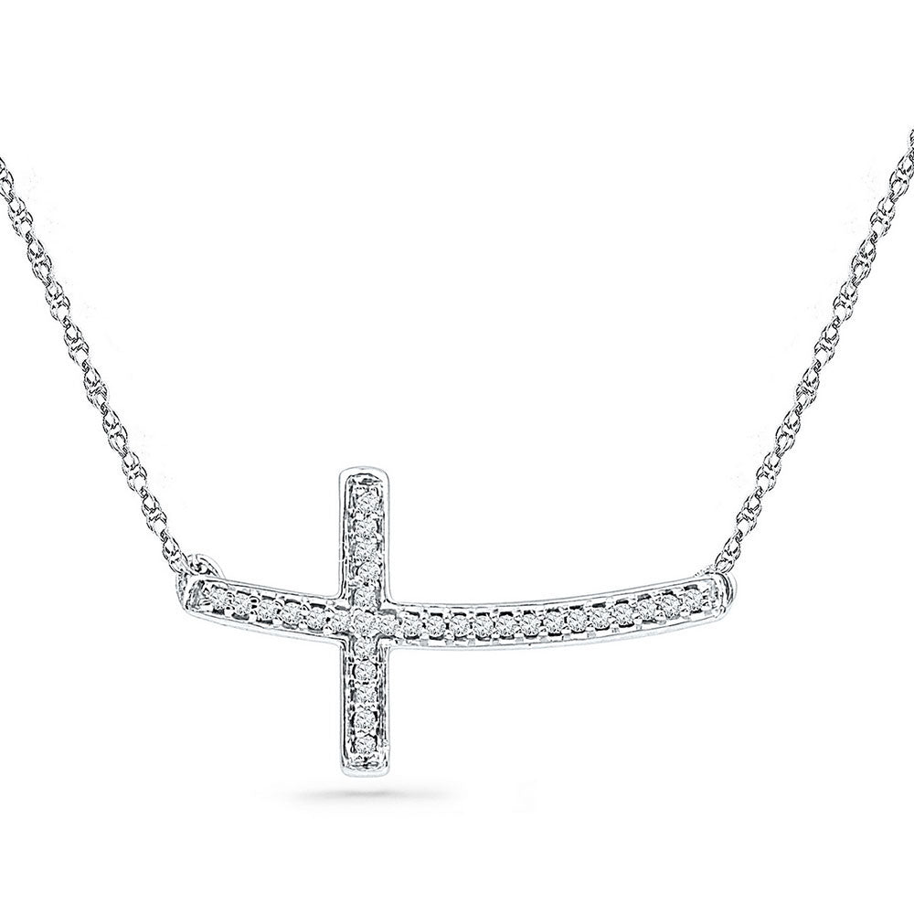 Sterling Silver Horizontal Sideways Cross Necklace 1/10 Cttw Round Natural Diamond Womens