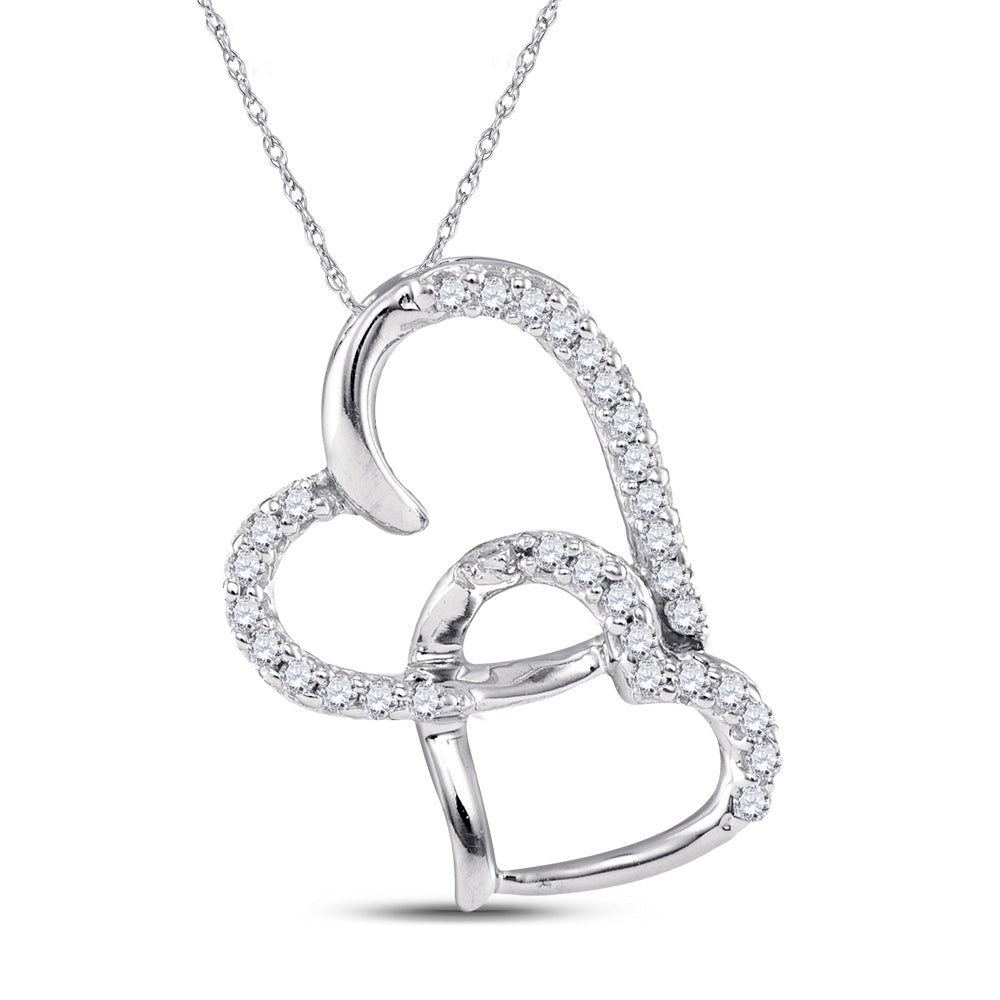 10kt White Gold Womens Round Diamond Double Heart Pendant 1/10 Cttw