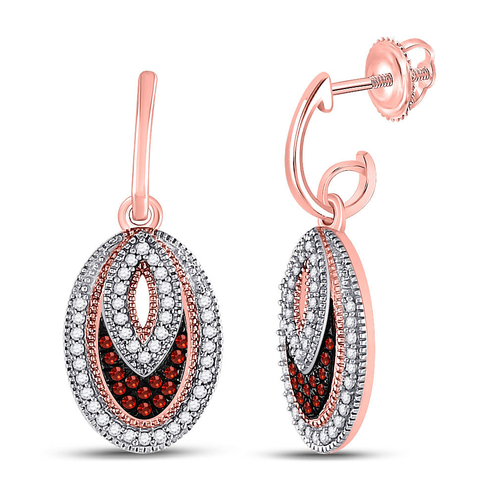 10kt Rose Gold Womens Round Red Color Enhanced Diamond Oval Dangle Earrings 1/3 Cttw