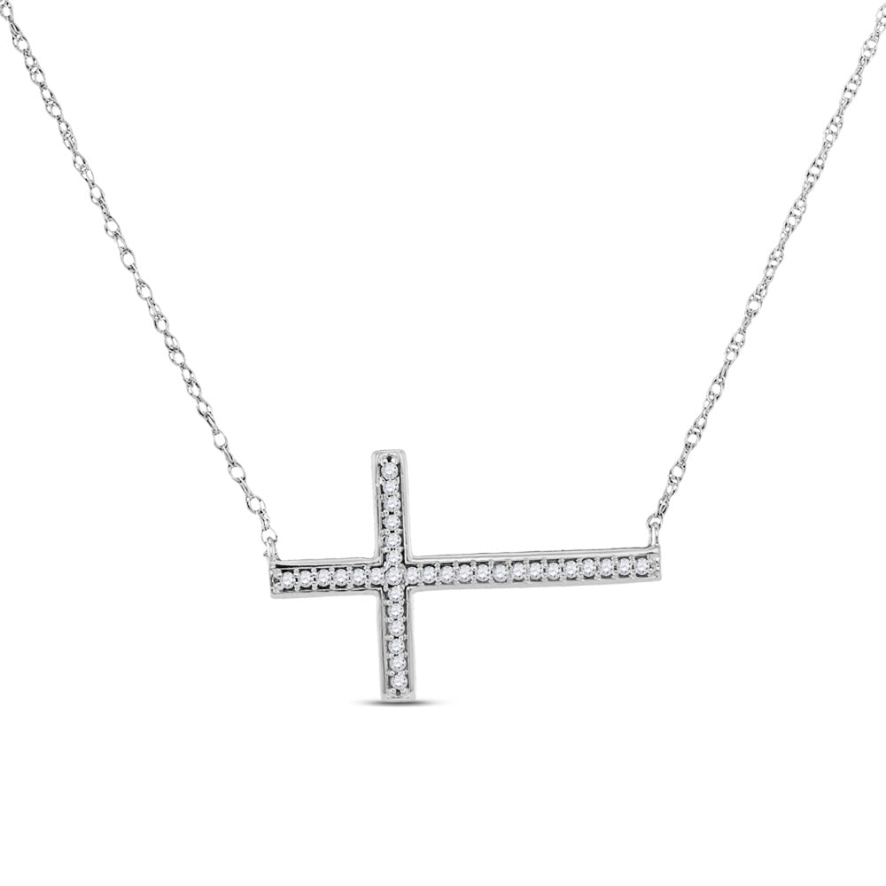 Gold Horizontal Cross Necklace 1/10 Cttw Round Natural Diamond Womens