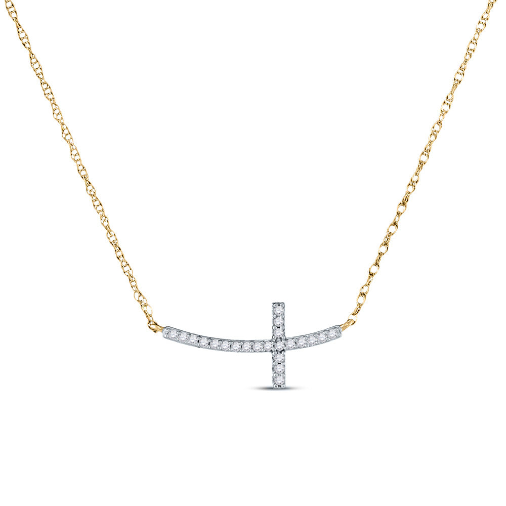 Gold Horizontal Cross Necklace 1/20 Cttw Round Natural Diamond Womens