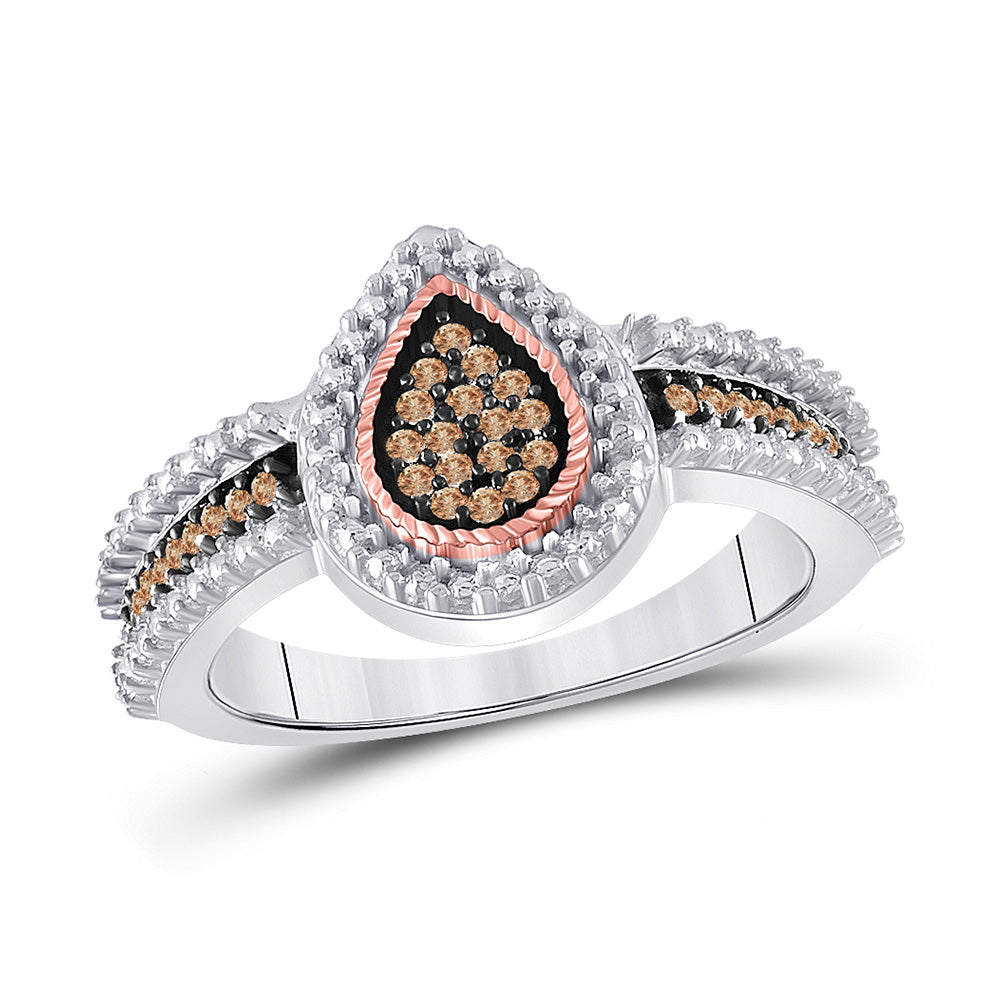 Sterling Silver Womens Round Brown Diamond Teardrop Cluster Ring 1/6 Cttw