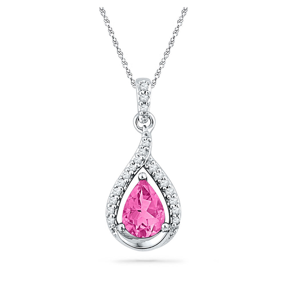 10kt White Gold Womens Pear Synthetic Pink Sapphire Solitaire Diamond Pendant 1-5/8 Cttw