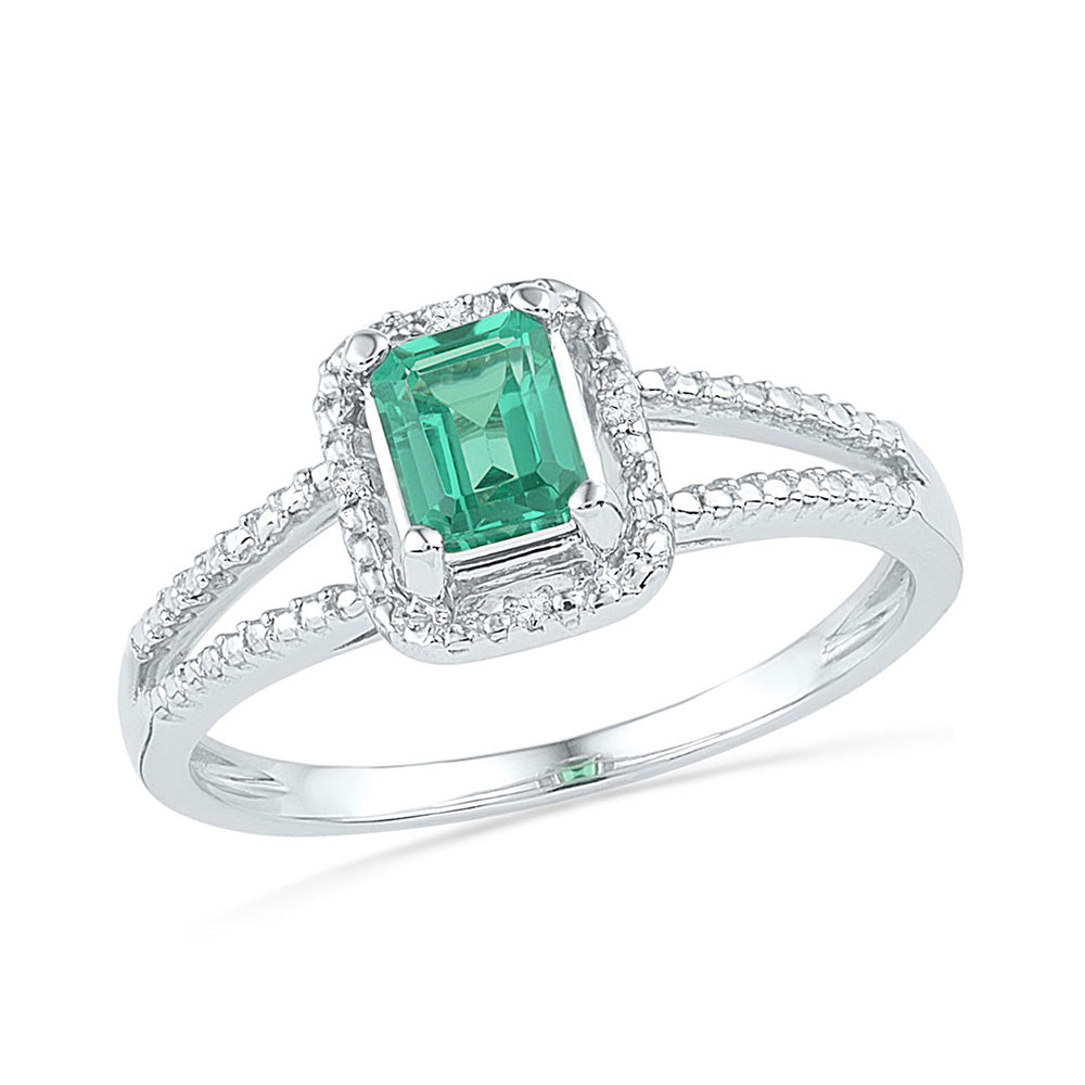 10kt White Gold Womens Lab-Created Emerald Solitaire Diamond Split-shank Ring 1-1/2 Cttw